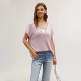 Color Slit Loose Large Size Pullover Spring WomenShort Sleeve V-neck Sweater T-shirt